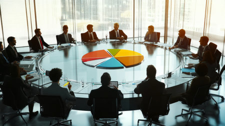 A dynamic view of a 3D pie chart being presented in a meeting room, with businesspeople discussing the data and making notes on printed reportsの素材