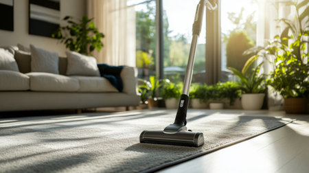 A dynamic shot of a vacuum cleaner being maneuvered around furniture in a living room, highlighting its ease of use and versatility in cleaning different surfaces.の素材