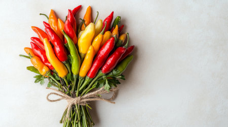 A fresh bunch of mixed chili peppers tied together with a string, set against a bright, clean background to emphasize their natural beauty and variety.の素材