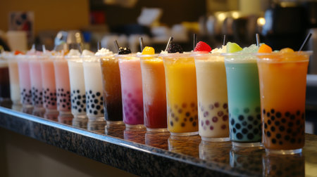 A high-quality image of a variety of bubble tea flavors, including classic milk tea, fruit-infused options, and specialty drinks, displayed on a counter.の素材