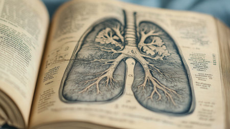 A high-quality image of a medical anatomy book open to a page showing the human respiratory system, with detailed diagrams and labeled structures.の素材