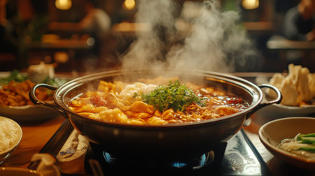 A dynamic shot of a steaming hot pot with a variety of ingredients simmering, set in a cozy dining room with traditional Asian tableware and ambient lightingの素材
