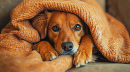 A heartwarming photo of a dog snuggled up in a cozy blanket on a sofa, with a content and relaxed expression, set against a warm and inviting home environment.の素材