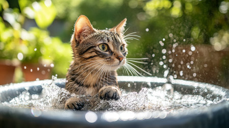 A high-quality image of a cat sitting in a small splash pool, with its paws dipped in the water and a content expression, surrounded by a summer backyard setting.の素材
