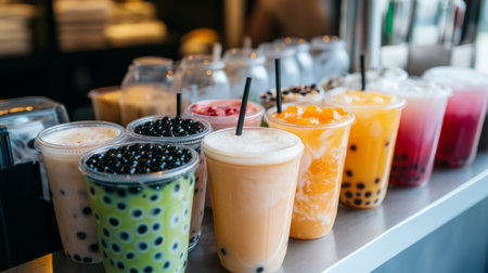 A high-quality image of a variety of bubble tea flavors, including classic milk tea, fruit-infused options, and specialty drinks, displayed on a counter.の素材