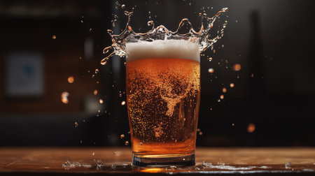 A high-quality image of a beer glass with a splash of beer being poured, creating dynamic movement and emphasizing the refreshing quality of the drinkの素材