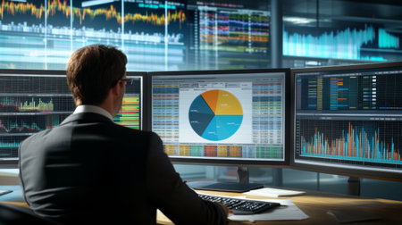 A financial analyst reviewing a 3D pie chart on multiple computer screens, with colorful segments and detailed data, in a high-tech office environment.の素材