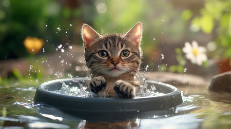 A high-quality image of a cat sitting in a small splash pool, with its paws dipped in the water and a content expression, surrounded by a summer backyard setting.の素材