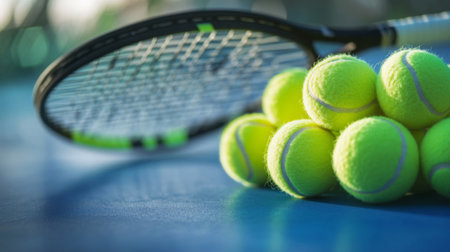 A high-quality image of a set of professional tennis balls neatly stacked on a court surface, with a racket and net in the background.の素材