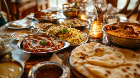 A high-quality image of a traditional Indian feast with various curries, biryani, raita, and naan, set on a beautifully decorated dining table.の素材