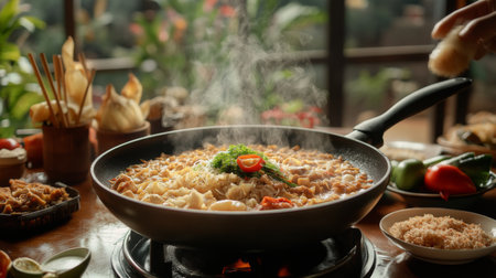 A high-quality image of a breakfast scene featuring being served at a table, with steam rising from the pan and a variety of traditional Thai accompaniments.の素材