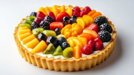 A fresh fruit tart with a golden crust and a variety of colorful fruits on top, presented on a white background to emphasize its vibrant and appealing look.の素材