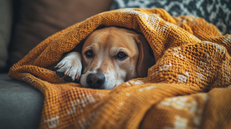 A heartwarming photo of a dog snuggled up in a cozy blanket on a sofa, with a content and relaxed expression, set against a warm and inviting home environment.の素材