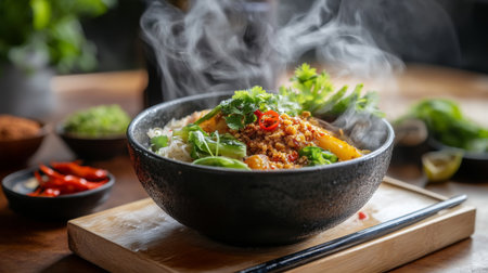 A high-quality image of a steaming bowl of with a side of spicy Thai chili paste and fresh vegetables, emphasizing the simplicity and taste of the dish.の素材