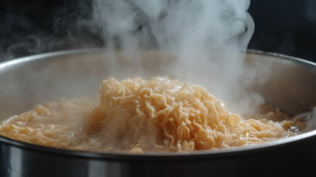 A high-quality image of instant noodles being stirred in a pot, with visible steam and a close-up of the noodles and broth, showcasing the cooking process.の素材