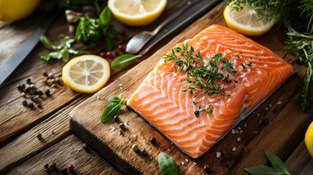 A high-resolution image of a fresh salmon fillet on a wooden cutting board, surrounded by herbs, lemon slices, and cooking utensils, ready for preparation.の素材