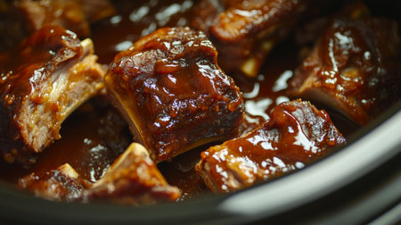 A high-quality image of pork ribs simmering in a flavorful barbecue sauce in a slow cooker, with a focus on the tender, juicy meat and rich sauce.の素材
