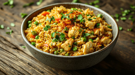 A high-resolution image of a bowl of curry fried rice with visible chunks of chicken, vegetables, and a dusting of curry powder, set against a rustic wooden table.の素材