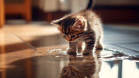 A high-resolution image of a kitten tentatively playing with a small puddle of water on the floor, with its reflection visible and a sense of curiosity.の素材