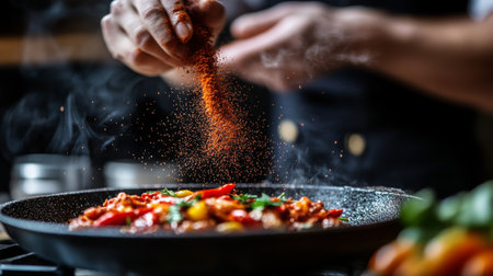 A high-resolution image of a chef sprinkling chili powder over a dish, with focus on the vibrant red spice adding flavor and color to the foodの素材