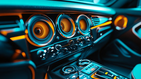 A high-resolution image of a car audio system with visible speakers and amplifiers, capturing the modern technology and design elements in the vehicle interior.の素材