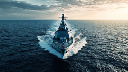 A high-resolution image of a large naval vessel patrolling the open sea, with a focus on the ship sleek design and the expansive ocean background.の素材