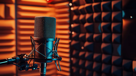 A high-resolution image of a condenser mounted on a stand in a modern recording studio, with soundproofing panels and acoustic treatments in the background.の素材