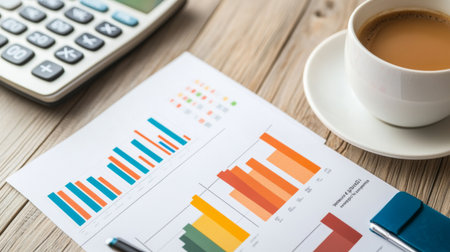 A high-resolution image of a financial report featuring colorful bar charts and graphs, placed on a desk with a calculator, notepad, and a cup of coffee.の素材
