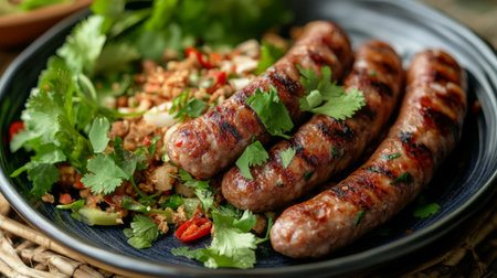 A high-resolution photo of with a sprinkle of fresh herbs and a side of Thai-style sausage, arranged artfully on a plate with a colorful garnish.の素材