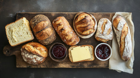 A high-resolution photo of a selection of different bread loaves, including sourdough, ciabatta, and whole grain, arranged on a breadboard with butter and jam.の素材