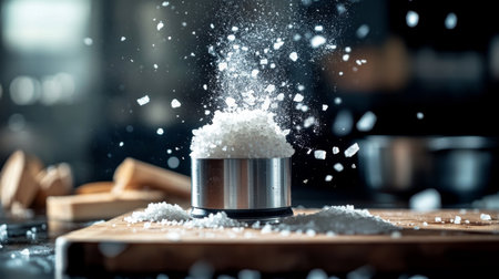 A high-resolution image of a salt grinder filled with coarse cooking salt, with salt crystals visibly falling onto a cutting board or meal.の素材