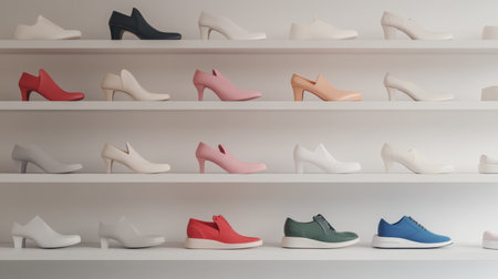 A high-resolution shot of a variety of women's fashion shoes displayed on a sleek, minimalist shelf, including heels, flats, and sneakers in different colors.の素材