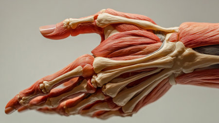 A close-up of the human hand showing detailed anatomy of bones, muscles, and tendons, with a focus on the complexity of its structure and function.の素材