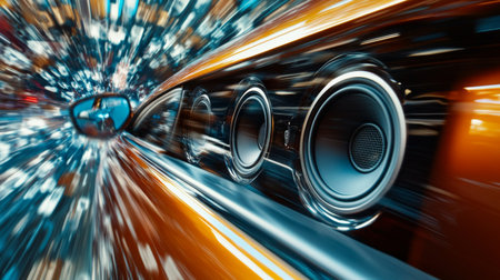 A dynamic shot of a car in motion with bass vibrations visible, showcasing the powerful sound system and car speakers as they deliver a high-fidelity audio experience.の素材