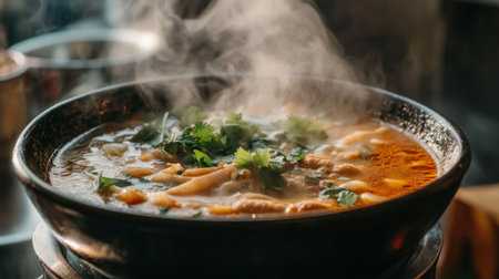 A dynamic scene of a steaming bowl of being served at a Thai restaurant, with the flavorful soup steaming and garnished with fresh herbs and spices.の素材