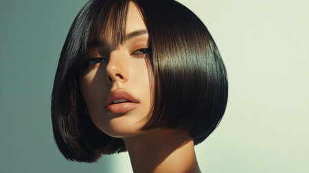 A dynamic image of a woman with a chic bob haircut, styled with straight edges and a side part, capturing a sleek and contemporary look.の素材