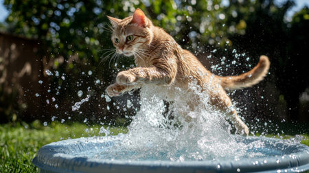 A dynamic shot of a cat jumping into a shallow kiddie pool, splashing water everywhere with excitement, in a backyard setting.の素材