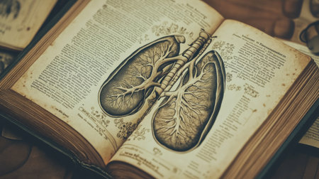 A high-quality image of a medical anatomy book open to a page showing the human respiratory system, with detailed diagrams and labeled structures.の素材