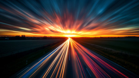 A dramatic sunset over a highway, with the sky painted in warm hues and the road illuminated by the last rays of sunlight, creating a picturesque sceneの素材