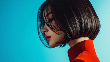 A dynamic image of a woman with a chic bob haircut, styled with straight edges and a side part, capturing a sleek and contemporary look.の素材