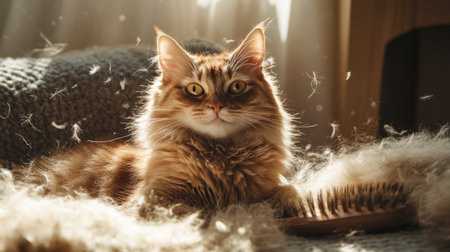 A dynamic shot of a cat shedding fur, with a focus on the loose hairs on furniture or a grooming brush, capturing the seasonal shedding process.の素材