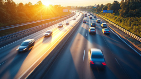 A dynamic image of cars speeding on an expressway during the day, with clear blue skies and sun rays casting long shadows on the road.の素材
