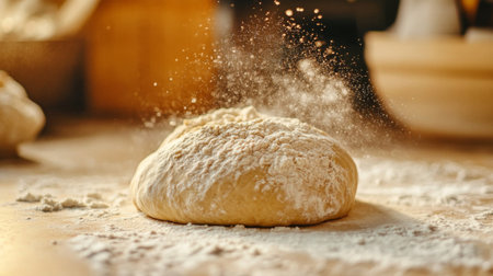 A dynamic shot of bread dough being kneaded on a floured countertop, with a focus on the texture and process of making fresh bread loaves from scratchの素材