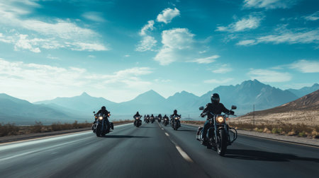 A group of motorcyclists riding in formation on an open highway, with mountains and a bright blue sky stretching ahead.の素材