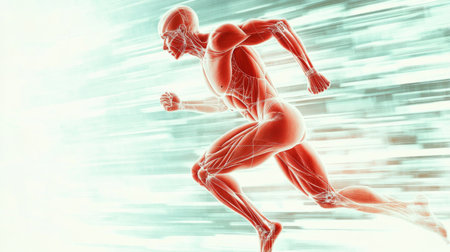 A dynamic shot of a person in motion, such as running or stretching, with an overlay of anatomical lines and labels highlighting muscle groups and joints.の素材