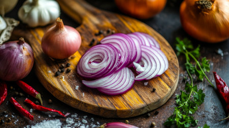 A high-quality photo of a cutting board with sliced being prepared for a dish, with a background of various kitchen ingredients and a focus on the onion texture.の素材