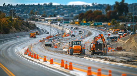A highway under construction, with machinery, construction barriers, and workers visible, set against a backdrop of ongoing roadwork and development.の素材