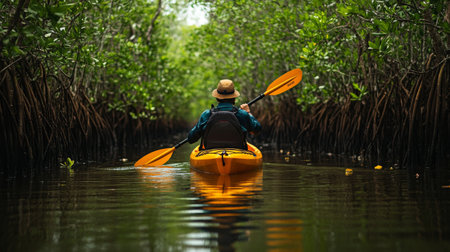 A kayaker paddling through a mangrove swamp, surrounded by towering mangrove trees and calm, reflective water, capturing the tranquility and beauty of the ecosystem.の素材