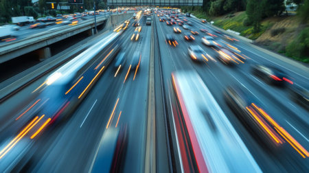 A high-speed train racing alongside a highway, contrasting with slower-moving cars and trucks in the adjacent lane. Aの素材