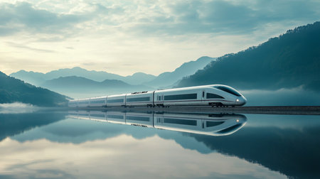 A high-speed train passing alongside a serene lake, with its reflection perfectly mirrored in the still water, under a bright sky.の素材